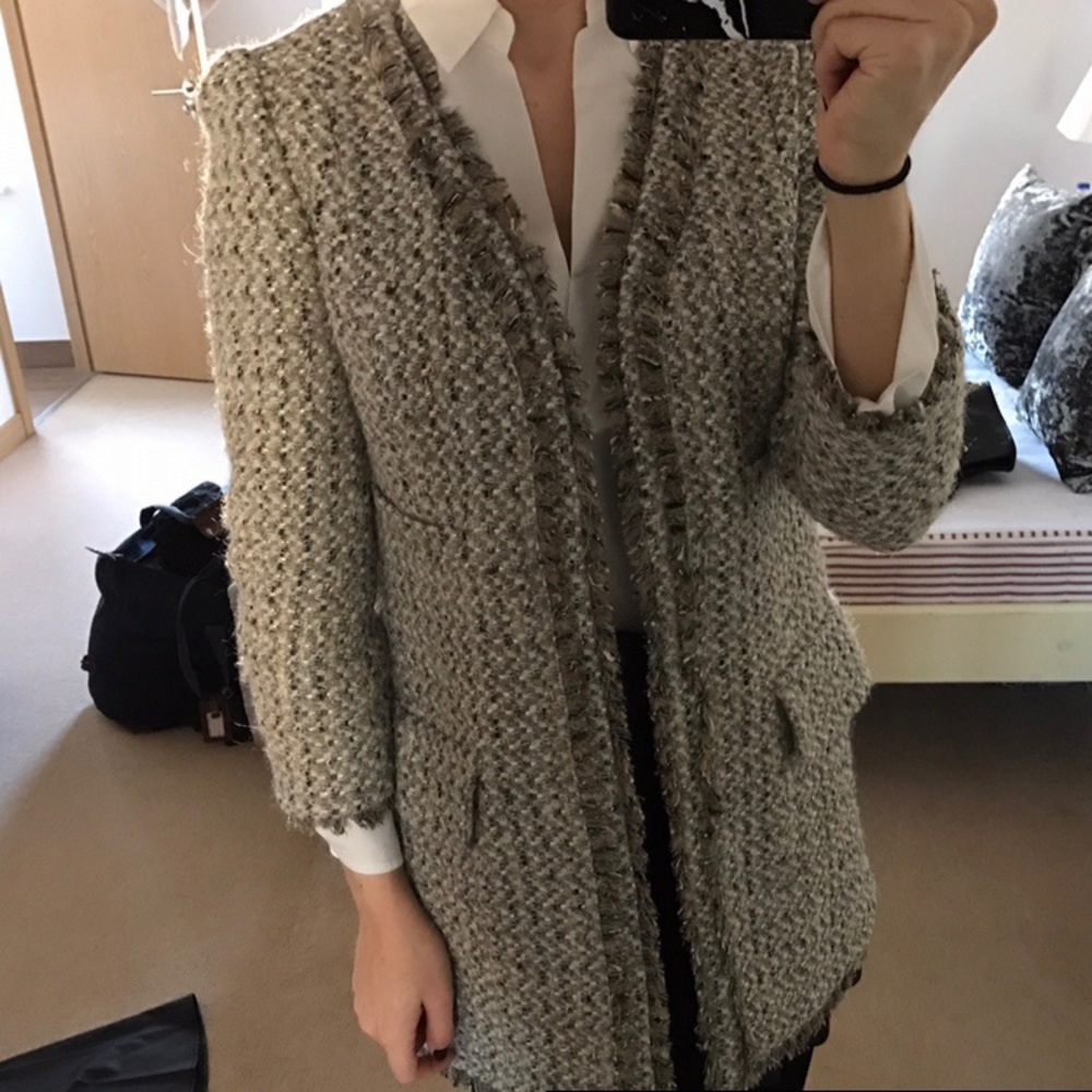 Mango tweed jacket with frayed edging. Size small